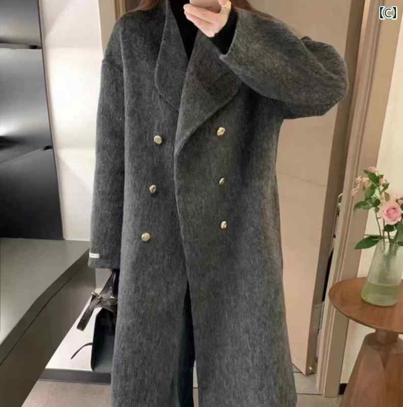 厚地の外套 レディース 韓国風 ひな型 ダブル前胸部 ロング丈 羊毛 アウター 市乳白いこと ともし火薄墨色 濃灰色黒いこと
