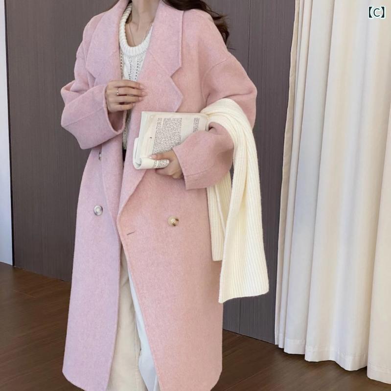 コート レディース ダブルブレスト ゆったり ミディアム丈 ウール アルパカ混紡 秋冬 無地 ベージュ ピンク ブラック XS S M|トミーショップ 店