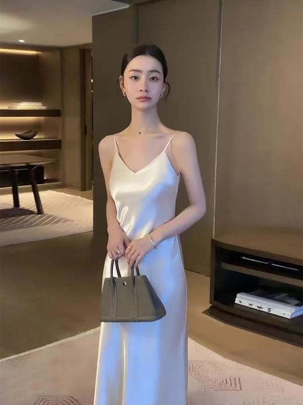 衣装 レディース 春夏 吊り帯 V素っ首 高腰 A伝達ルート ロング丈 露背 色っぽい 偉大さ ドレープ 繻子 アセテート衣料繊維 単品 純色 白 黒 紫 緑 香? 灰 赤 サクラ色 角袖巡査 セットアップなし