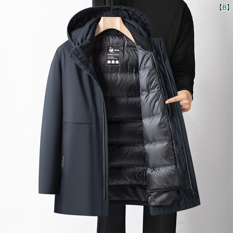 羽?服 男性用 アウター 取り外し可能 インナーダウン 中綿 90% ホワイトグースダウン ビジネス 防寒 あったか 立ち襟 フード付き ポリエステル ブラック 黒 ハ青色 秋冬
