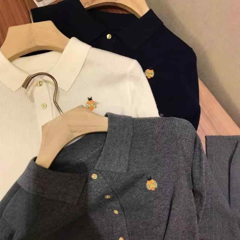 カーディガン 女性用 羊毛 ニット 開き フレンチポロ 刺繍 動物柄 ビーズ 付け 薄手 ゆったり ロングスリーブ ミドル丈 シングルブレスト グレー ネイビー アイボリー 爽やか かわいい 秋 スタイル 軽量 柔らか素材 レイヤード トップス 外出着