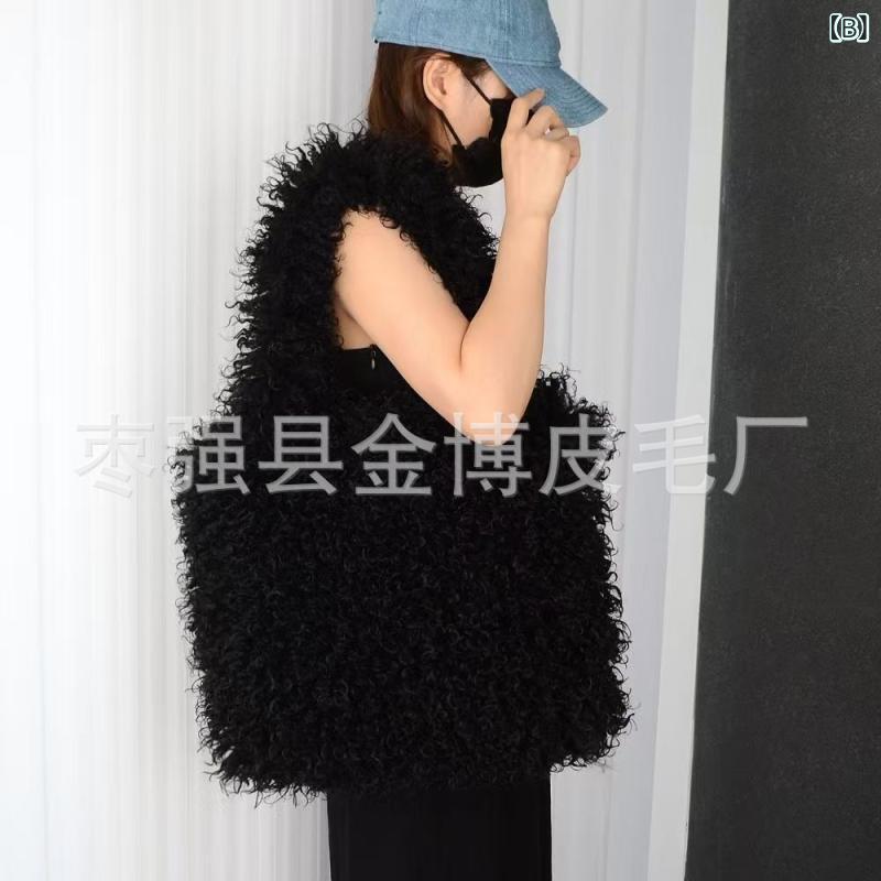 バッグ レディース 鞄 手提げ 肩掛け かわいい 秋冬 灘羊 ウール 中判 灰色 黒色 ローズピンク オレンジ色 白色 蓮色 緑色 ピンク色 ふわふわ ストリート トレンド