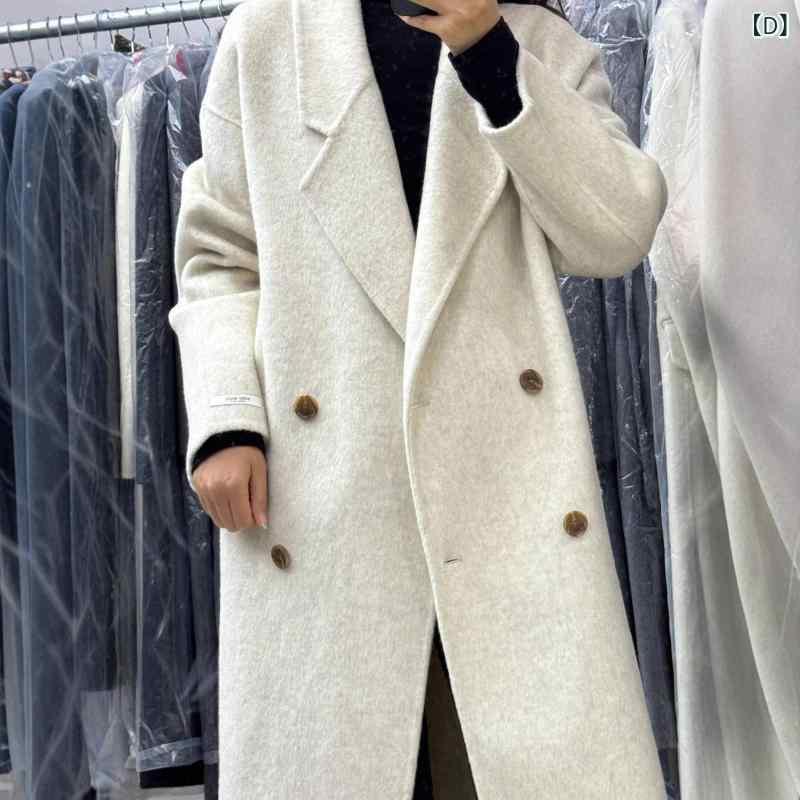 厚地の外套 レディース 韓国風 ゆったり 好いたらしいめ ダブル人間の顔 絨毛 羊毛 ロング丈 秋冬 通い 無地 衣嚢付き添い人 黒 薄墨色 オートミール S M大きさ