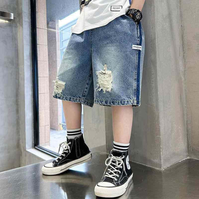 子供 デニム ハーフパンツ 中大童 男の子 パンツ 夏用 薄手 コットン 破れ加工 ブルー