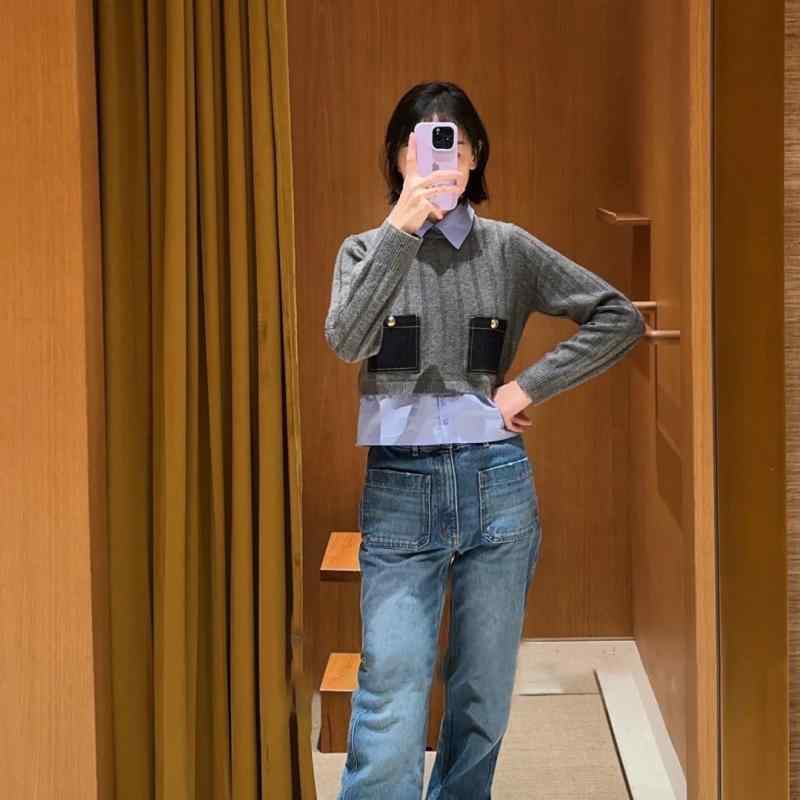ニット トップス レディース 春夏 長袖 プルオーバー 偽ツーピース デザイン 切り替え ポロカラー 対称ポケット グレー ココナッツ ブラウン 気質 通勤 普段使い 吸湿速乾 中厚 再生繊維 混紡 軽量 伸縮性 ビッグシルエット ハイネック Vネック