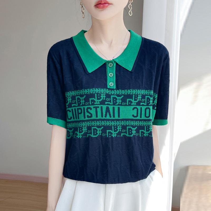 Tシャツ 女性用 夏 ポロカラー 切り替え 字母 提花 短袖 ワイド ニット トップス 接触冷感 天? レイヨン ポリエステル 3D効果 セットイン ネック 普通丈 ネイビー 気質 通勤 快適 休? 吸湿速乾