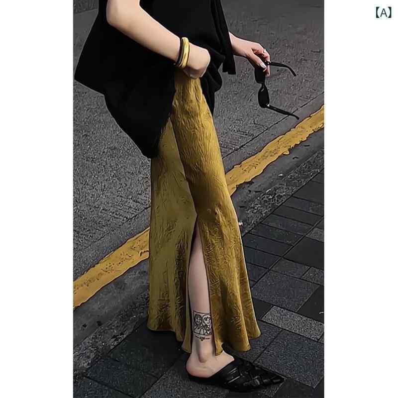 スカート レディース Aラインスカート ロング 金色 サテン 開き 肌理感 模様 無地 ポリエステル 文芸復古 港風