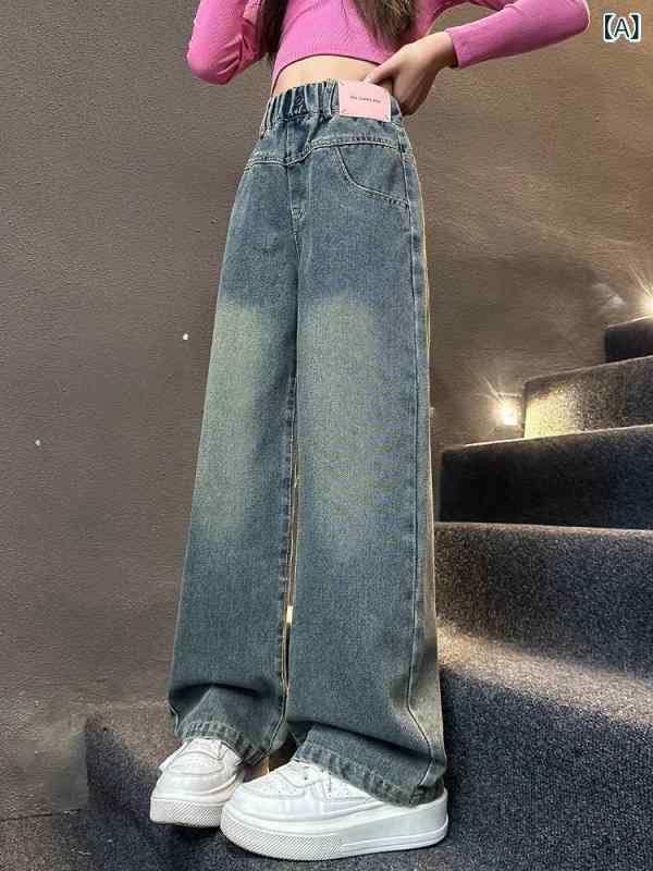 子供服 デニムパンツ ガールズ ワイドレッグパンツ 春秋 高学年 女児 ロングパンツ ウエストゴム ジーンズ カジュアルスタイル 韓国風 高腰 普段着 五芒星
