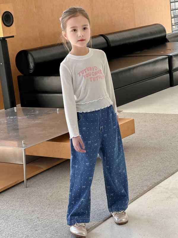 子供服 デニムパンツ 女の子 ストレートパンツ 蝶結び probability 春秋 カジュアルパンツ 普段着 中大児童 8歳以上 140cm以上 かわいい スポーツ プリンセス 潮范 柔らかい 伸縮性 ブルー