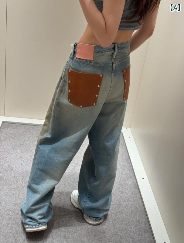 デニム レディース ACデザイナー ダメージ加工 ストレートパンツ ゆるシルエット ジーンズ 中厚手 秋冬 古着風 韓国ファッション
