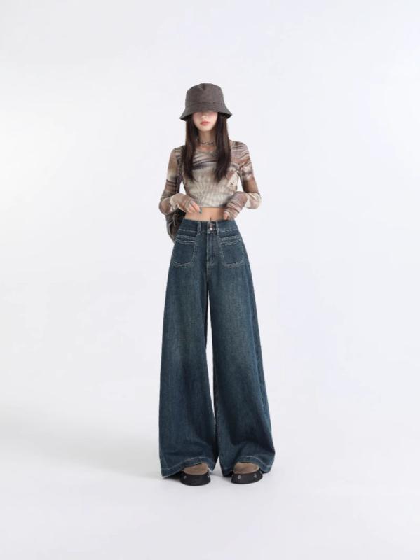 デニム レディース レトロ 高見え ワイドレッグ ジーンズ ゆったり ストレート 美脚 ロングパンツ 文芸風 薄手 コットン 柔らかい 着心地 高身長 トールサイズ