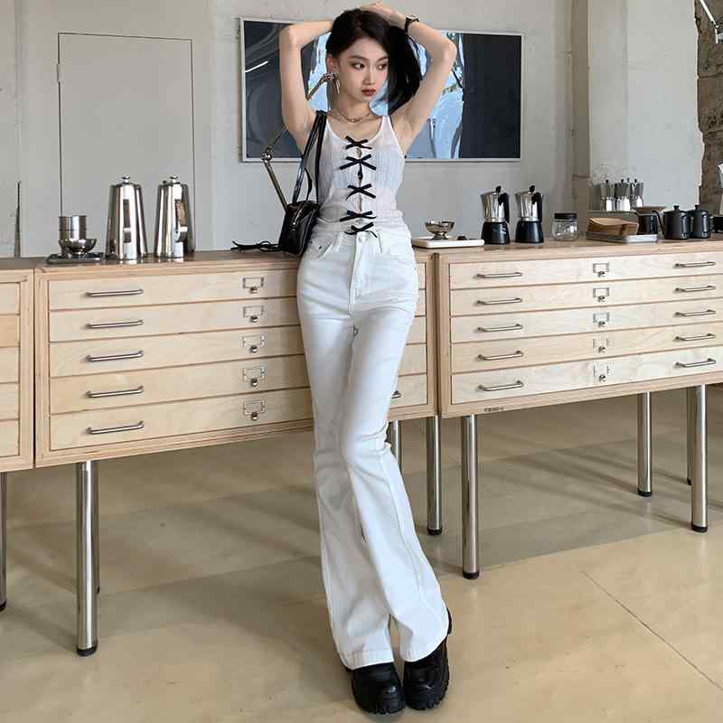 デニム レディース 春秋 高弾性 白 デニムパンツ ジーンズ スキニー フレアパンツ ハイウエスト 美脚 小柄 スタイルアップ