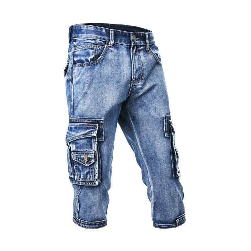 ハーフパンツ メンズ デニム カーゴパンツ 7分丈 ストレッチ 薄手 ワークパンツ ジーパン 短パン 多ポケット 伸縮性 普段使い 部屋着 アメカジ スタイル 浅ブルー