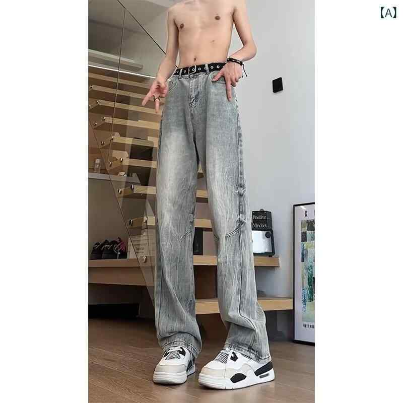 デニム メンズ デニムパンツ ストレート ストレッチ ジーパン Gパン ウォッシュ加工 薄手 カジュアルパンツ 黒 ブラック ブルー 青 ズボン S M L XL 2XL 3XL