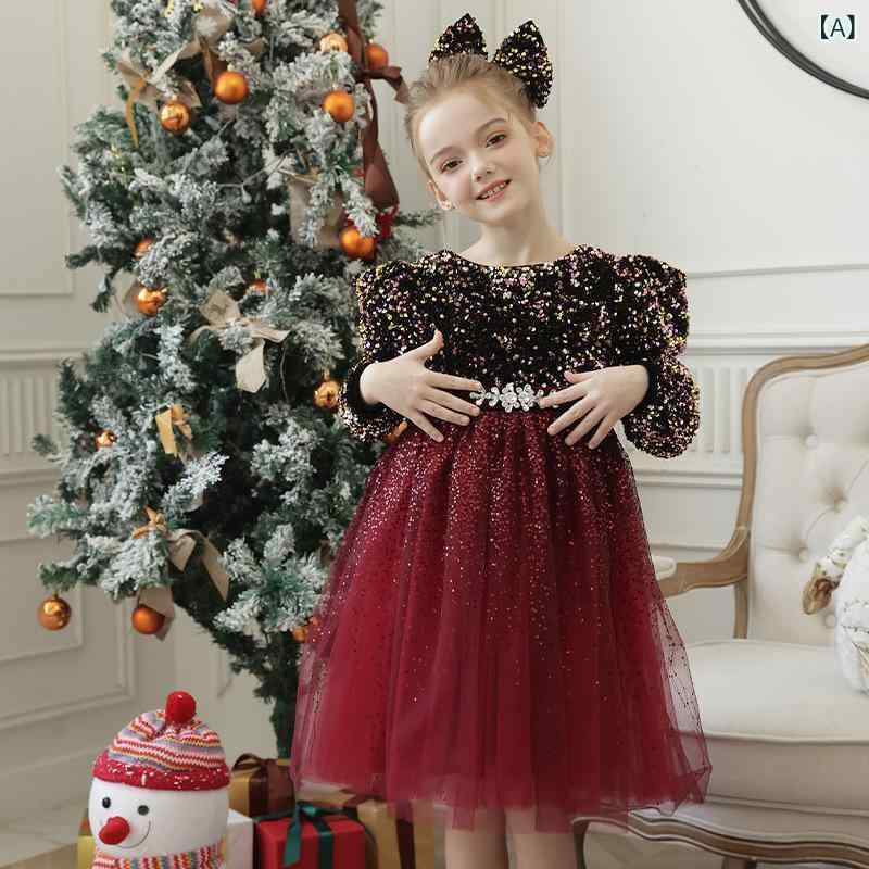 ワンピース 女の子 クリスマス プリンセスドレス 長袖 コーデュロイ チュールスカート Aライン フレア 深紅 110cm 120cm 130cm 140cm 150cm