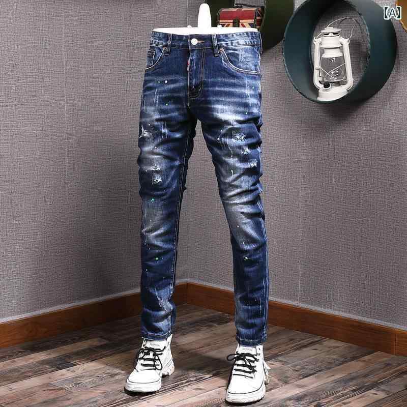 デニム メンズ ダメージジーンズ スリム ストレート レトロ ウォッシュ加工 クラッシュ リペア ジーパン Gパン ズボン パンツ ストレッチ 伸縮 四季 7,133円