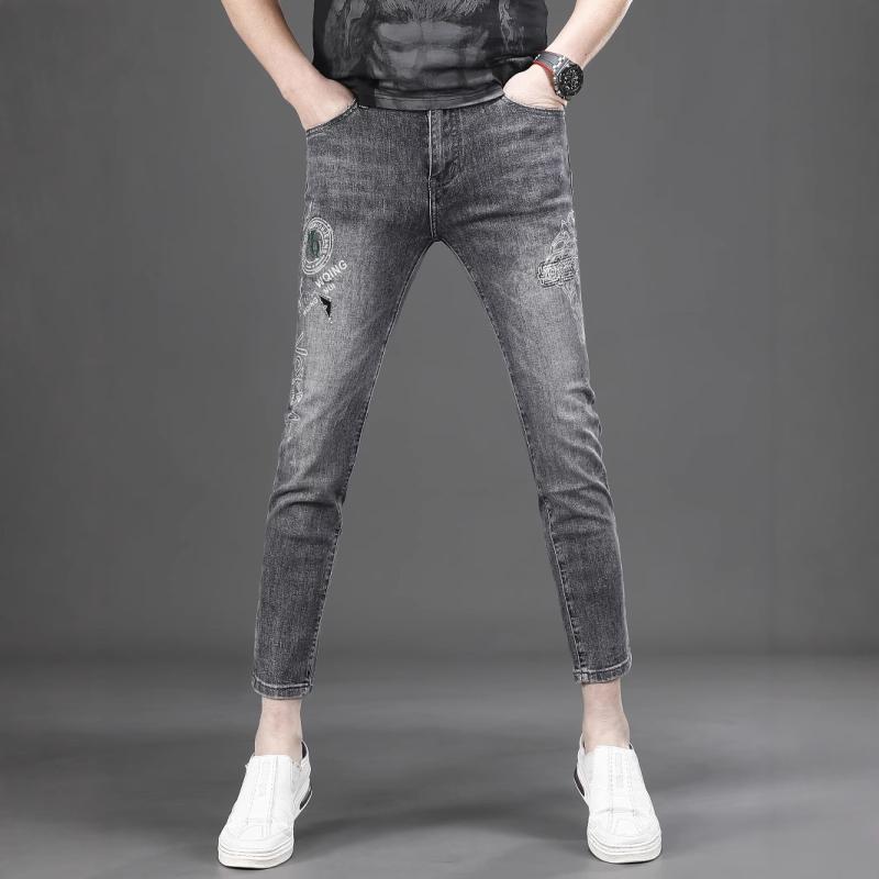 デニム メンズ 9分丈 スキニーパンツ 黒グレー スリム ストレッチ 伸縮性 薄手 男性用 ジーパン Gパン カジュアル スタイリッシュ