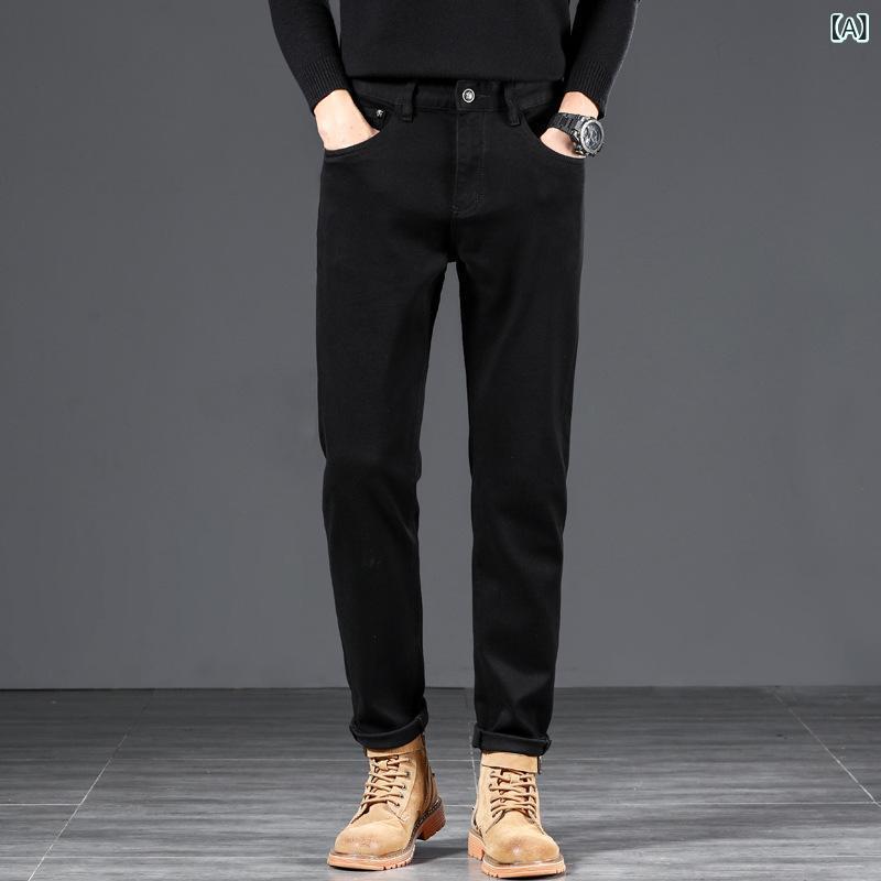 ジーンズ メンズ ブラック デニムパンツ ストレート 水洗い加工 伸縮性 ビジネス カジュアル 男性用 黒 綿 秋
