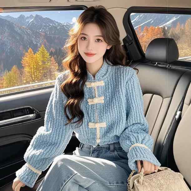 シャツ レディース トップス 秋冬 ブルー コーデュロイ 厚手 あったか プルオーバー Aライン ゆったり 長袖 無地 ラウンドネック 通勤 かわいい 青色