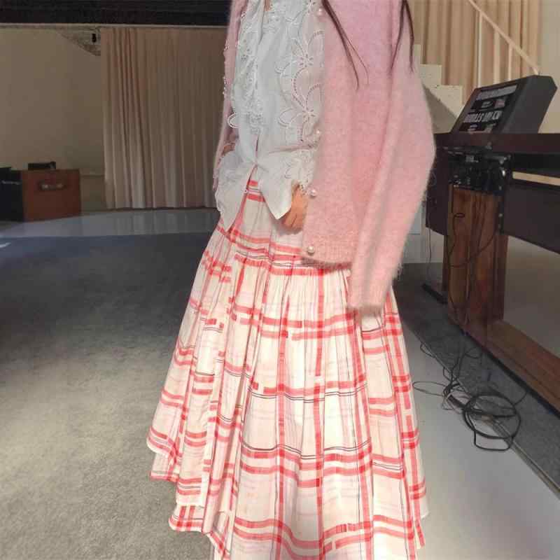 スカート レディース 春夏 赤チェック Aライン ロング丈 高見え ポリエステル 韓国風 かわいい きれいめ 上品 お洒落着 お出かけ