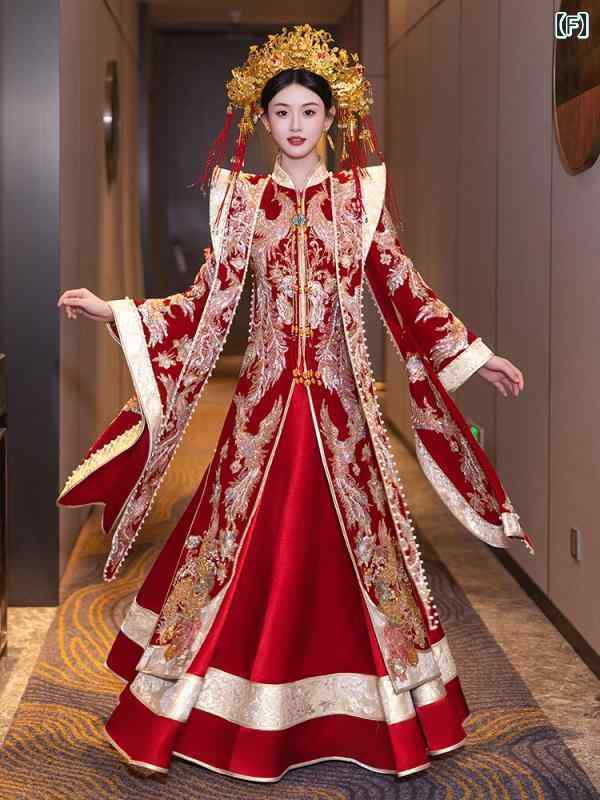 チャイナドレス レディース 秀禾服 ベルベット ポリエステル 刺繍 結婚式 パーティー 発表会 立襟 長袖 ロング丈 赤 レッド 上下セット