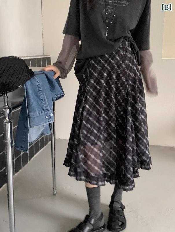 スカート レディース 婦人服 格子柄 中腰 不規則 アシンメトリー 裾フリル シフォン ミモレ丈 レッド系 ブラック系 春 通勤 きれいめ 5,310円