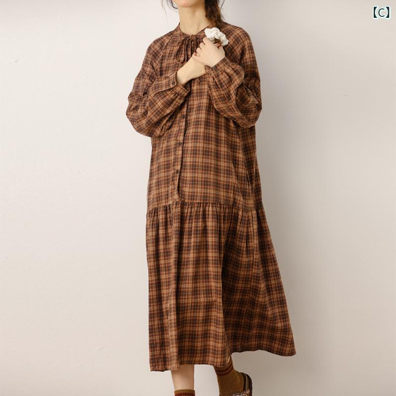 ワンピース レディース 日系 レトロ チェック柄 春秋 長袖 膝丈 Aライン ゆったり かわいい 赤 緑 コーヒー色