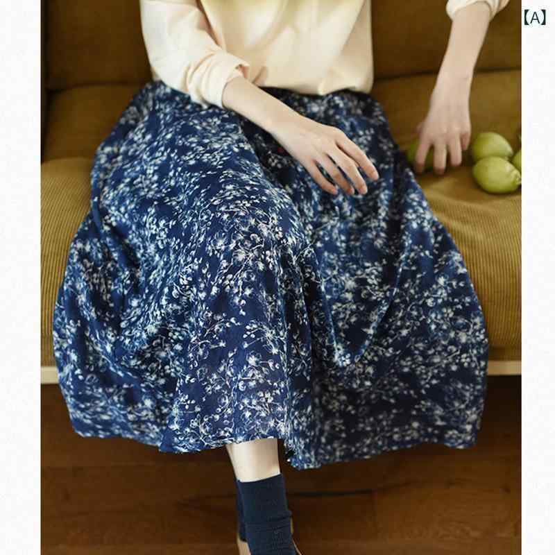 スカート レディース 春夏 綿麻 花柄 Aライン ミモレ丈 ゴムウエスト 文芸風 レトロ ブルー 花