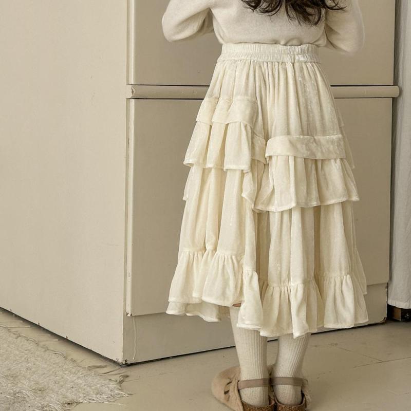 スカート キッズ 子供服 ベルベット 不規則 ヘム フリル 秋冬 ケーキスカート 裏起毛 膝丈 ミモレ丈 Aライン かわいい ガーリー お洒落着 お出かけ着
