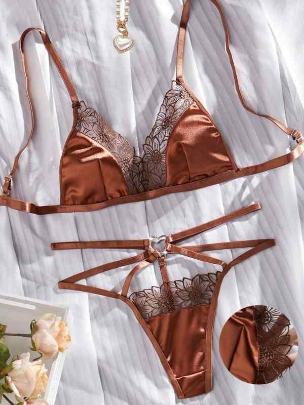 ブラジャー & ショーツセット レディース 3/4カップ 超薄型 刺・墸 花柄 レース 聚? 深棕色 通気性 ?? モーダル ランジェリー
