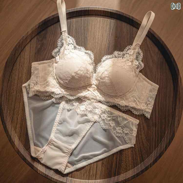 ブラジャー & ショーツ セット レディース ランジェリー 3/4カップ レース 無鋼線 ノンワイヤー 小胸 盛れる 通気性 寄せ 上げ バスト 補正 調整型 黒 シャンパン ベージュ ワインレッド