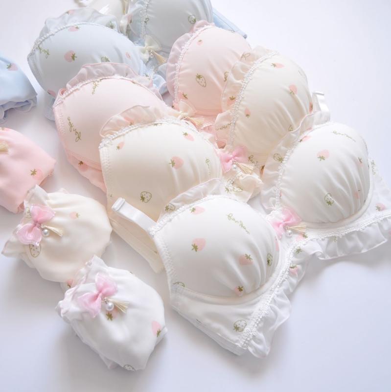 ブラジャー & ショーツセット レディース 水溶性 刺繍 薄手カップ ワイヤーなし 3/4カップ 肩紐取り外し可能 ホック3段 全4色