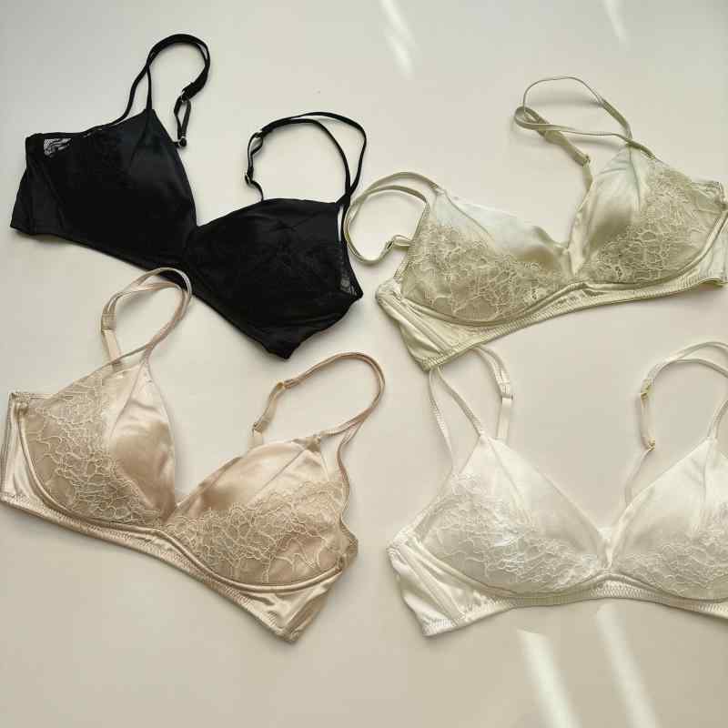 ブラジャー レディース 3/4カップ 桑蚕? シルク レース 無鋼圈 ノンワイヤー 薄手 接触冷感 通気性 ブラック ホワイト シャンパン 芽グリーン