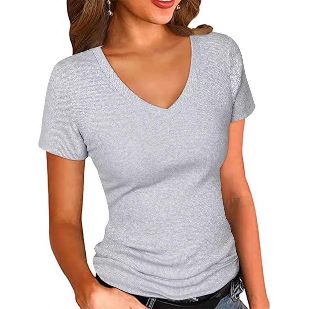 レディース Tシャツ 修身 Vネック 短袖 純色 上衣 切り替え デザイン ポリエステル 素材 快適 柔軟 灰 黒 白 夏 春夏 シーズン 日常 着用 トップス シャツ ティーシャツ カジュアル スタイル 日韓 風