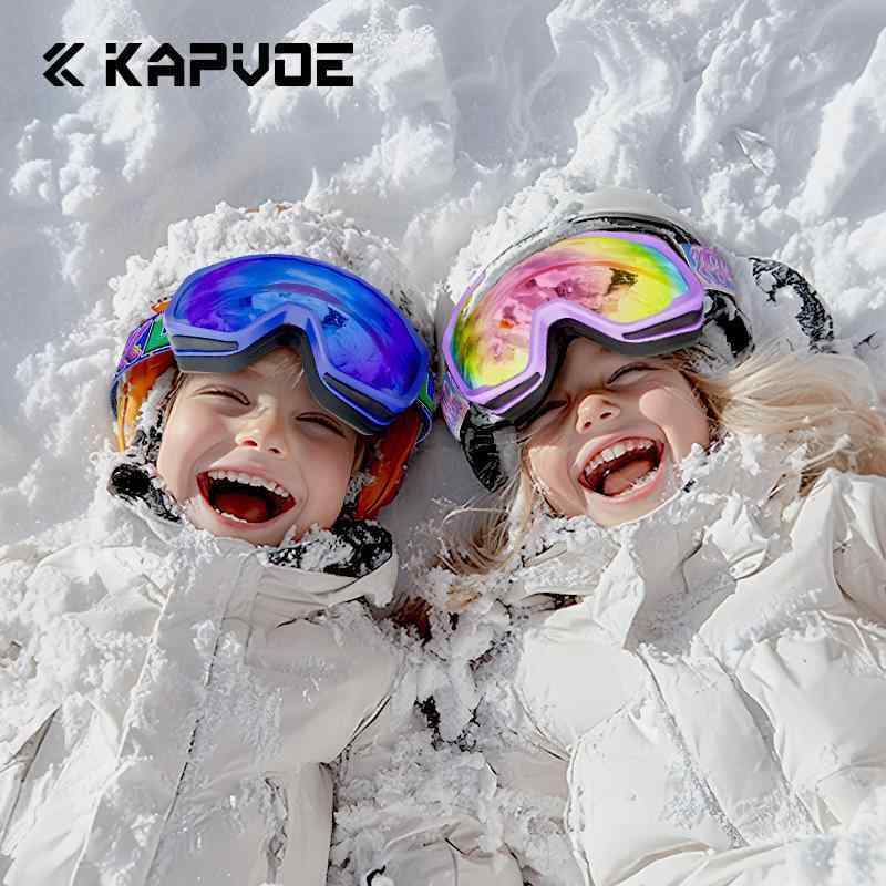 ゴーグル キッズ 子供用 滑雪 スキー スノーボード ダブルレンズ 防曇 UVカット 紫外線カット 砂黒フレーム アニマル柄 白ロゴ レッドレンズ