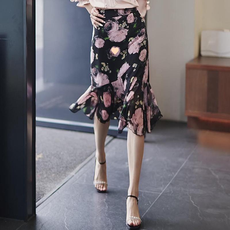 スカート レディース 春夏 シフォン マーメイドスカート ミモレ丈 ハイウエスト 小花柄 スリム エレガント 上品 きれいめ ピンク系