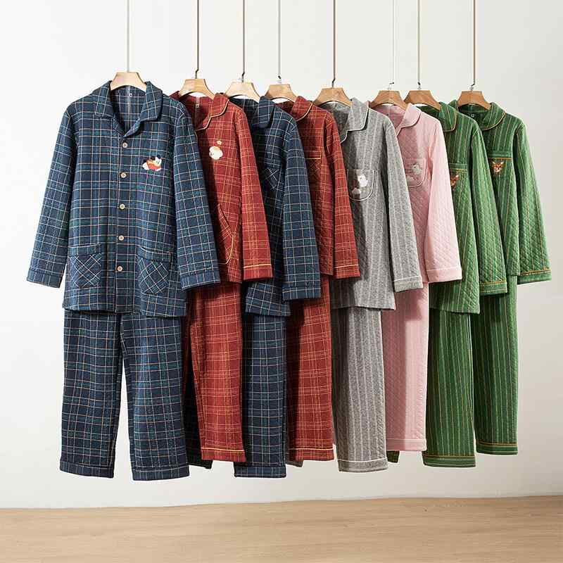 パジャマ レディース メンズ 上下セット 長袖長ズボン 暖か綿 刺しゅう入り 秋冬 部屋着 ルームウェア 寝巻き ペア Vネック あったか 厚手