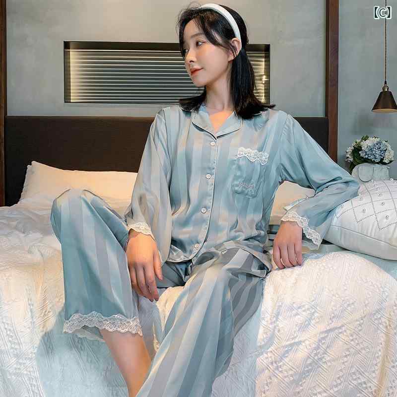 パジャマ レディース メンズ 春秋 接触冷感 長袖 長ズボン シルク風 ルームウェア 上下セット 夫婦 ペアルック M007猫 M007黒色ドッグストライプ A006ワイドストライプ