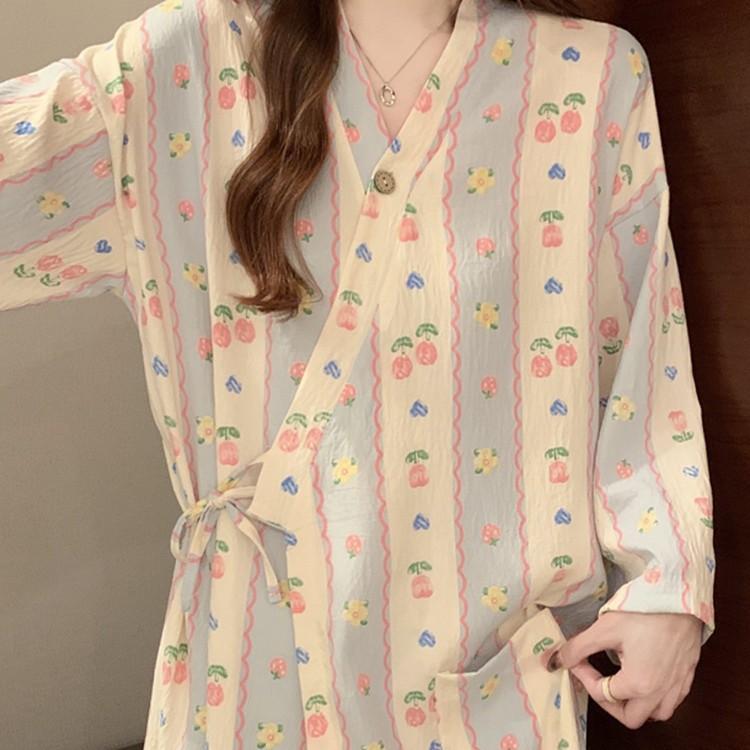 和服 寝巻き レディース 春 秋 パジャマ 浴衣風 長袖 ワンピース コットン かわいい 部屋着 ルームウェア クラウド柄