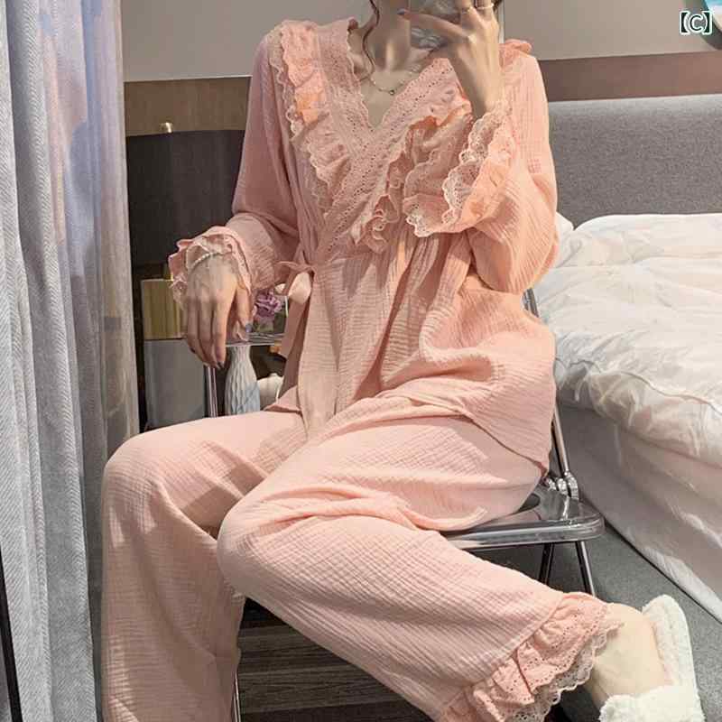 パジャマ レディース 秋冬 長袖 セットアップ プリンセス風 コットン かわいい ルームウェア 上下セット Vネック 部屋着 寝間着 ピンク系 グリーン