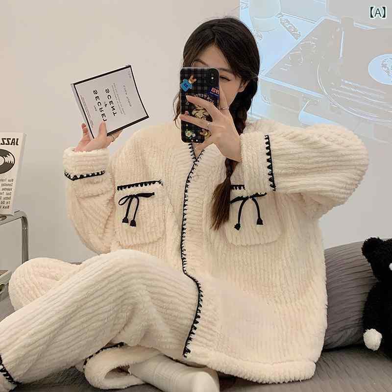 パジャマ レディース ルームウェア 上下セット 珊瑚マイヤー あったか かわいい 冬 長袖 前開き Vネック 刺・墸 フランネル 厚手 部屋着 寝巻き 寝間着 ホテル 浴場 宿泊 秋冬
