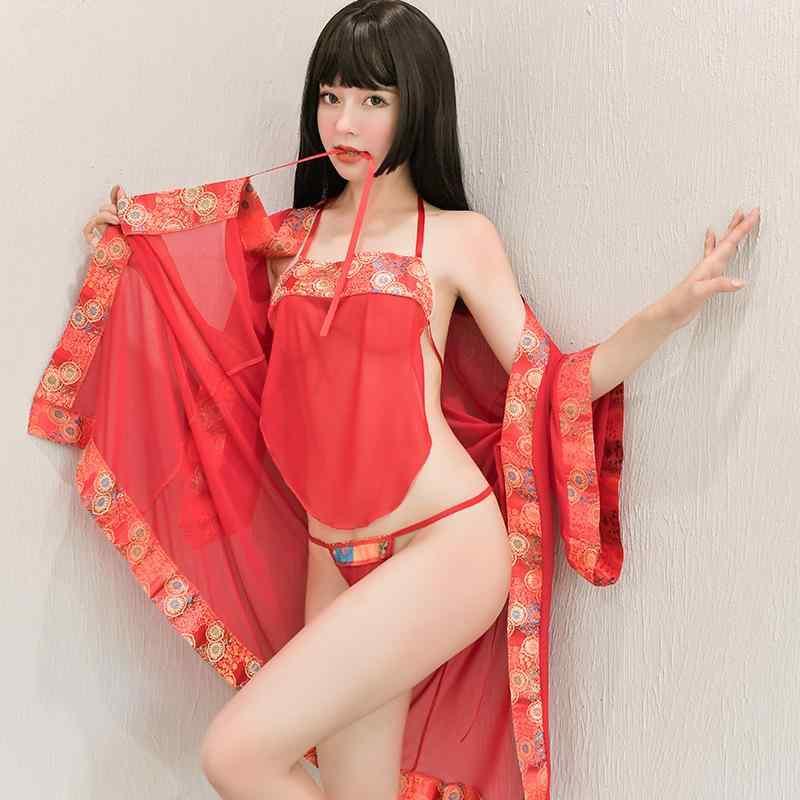 和服 レディース セクシー ランジェリー 古代中国 宮廷風 7分袖 外袍 誘惑 寝間着 上下セット 赤色系 コスチューム 部屋着 ナイトウェア