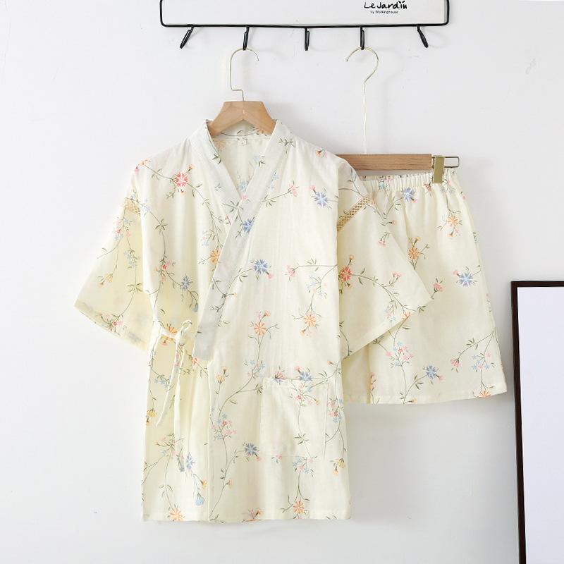 パジャマ レディース 和服風 セットアップ 綿100% ガーゼ 寝巻き ルームウェア 上下セット Vネック 短袖 ショートパンツ 薄手 春夏 涼しい 快適 花柄 M L XL