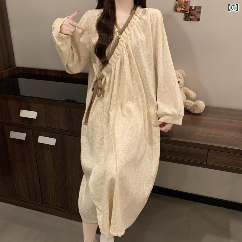 パジャマ レディース 春秋 Vネック 長袖 前開き 部屋着 ルームウェア 膝丈ワンピース 婦人服 雲?綿 ポリエステル 花柄 薄手 ゆったり かわいい