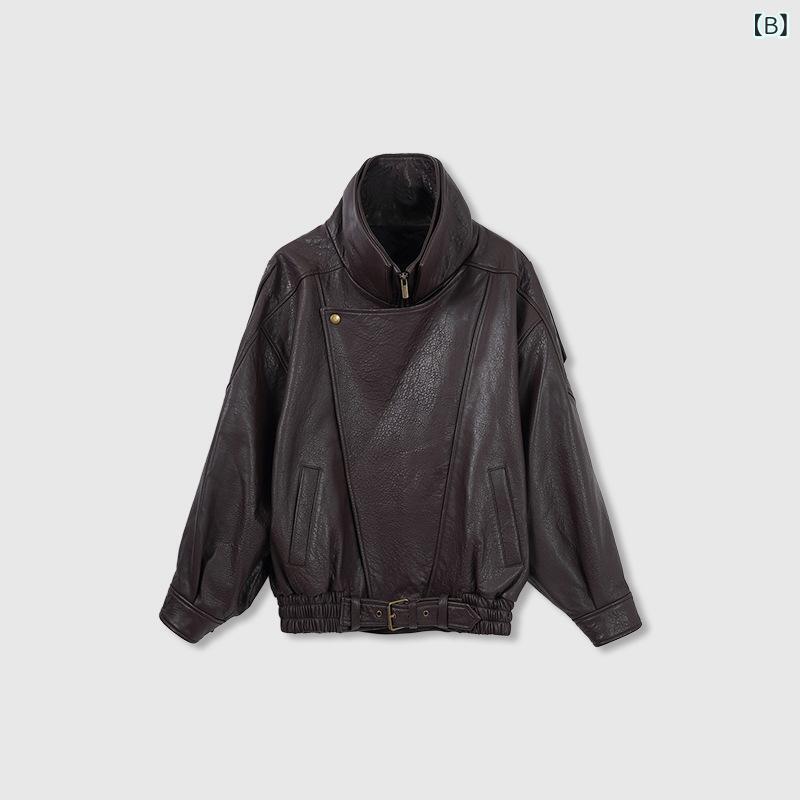 レザージャケット レディース 秋物 アウター 本革 羊革 ライダースジャケット ゆったり ブラック 黒/コーヒー色 通勤 長袖