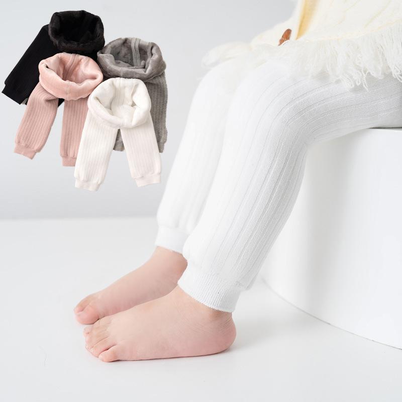 子供服レギンス 秋冬用 裏起毛 厚手 ベビー服 女の子用 9分丈 キッズ用 タイツ 縦縞模様 ブラック グレー ホワイト ピンク系 あったか素材 伸縮性 通園 普段使い