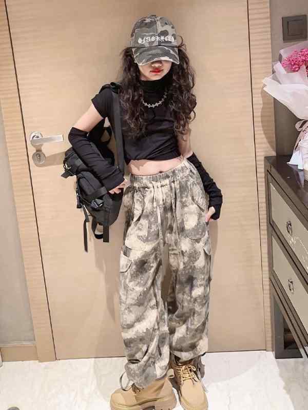 子供服 迷彩柄 カーゴパンツ 女の子 ワイドレッグパンツ 春秋 中学生 小学生 普段着 部屋着 ガールズボトムス 120cm 130cm 140cm 150cm 160cm 170cm