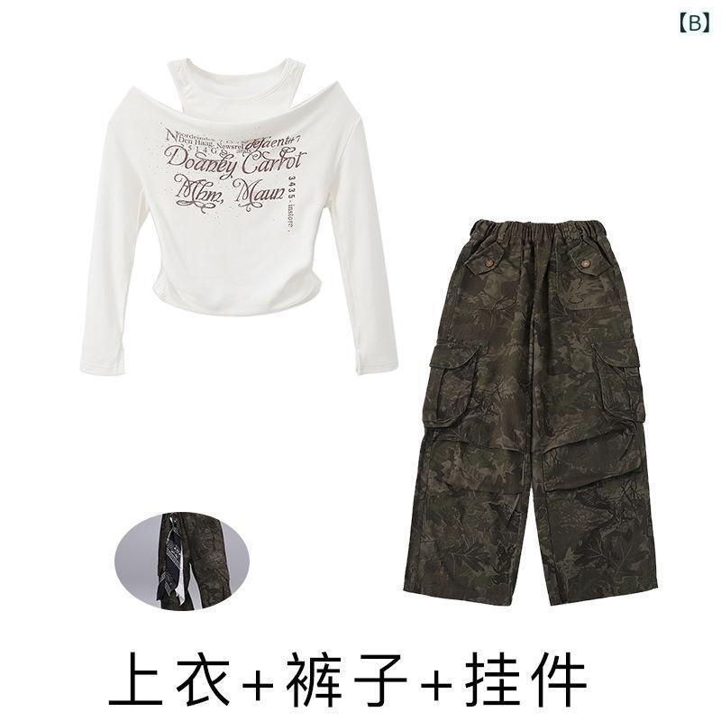 ダンス衣装 ガールズ へそ出しトップス 迷彩 カーゴパンツ ストリートダンス 子供服 元旦 発表会 舞台衣装