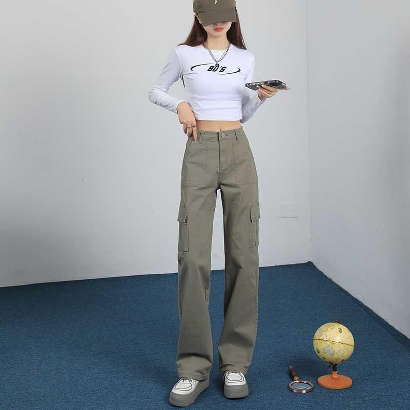 ジーンズ レディース 高腰 ストレート ワークパンツ 春物 ゆったり 美脚 ワイドレッグパンツ アメリカンレトロ カジュアルパンツ 綿 迷彩 カーキ 草緑