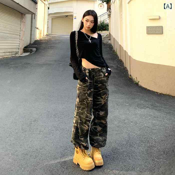 ジーンズ レディース 美脚 ワイド カーゴパンツ 迷彩柄 ミリタリー ワークパンツ ストレート デニム ロングパンツ カジュアル スタイル 春夏